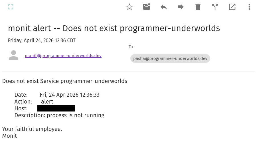 Email from monit about the programmer-underworlds process being dead