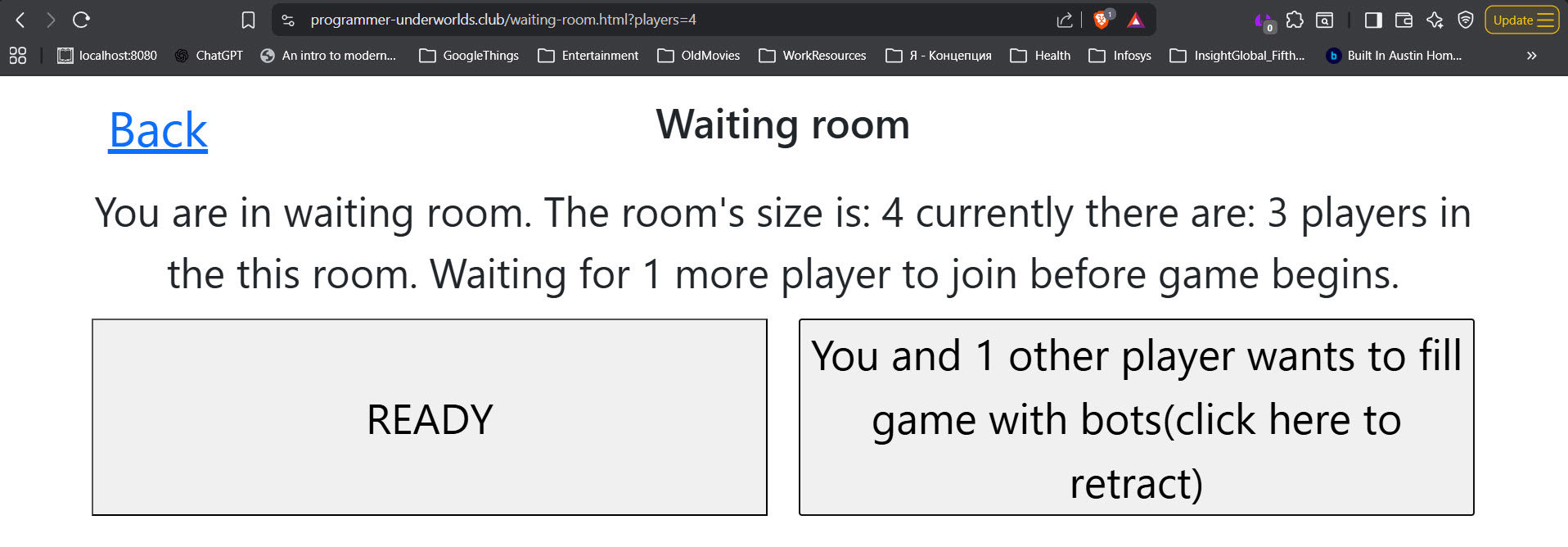 Screenshot of 'waiting room' page when more then half players voted to fill game with bots.